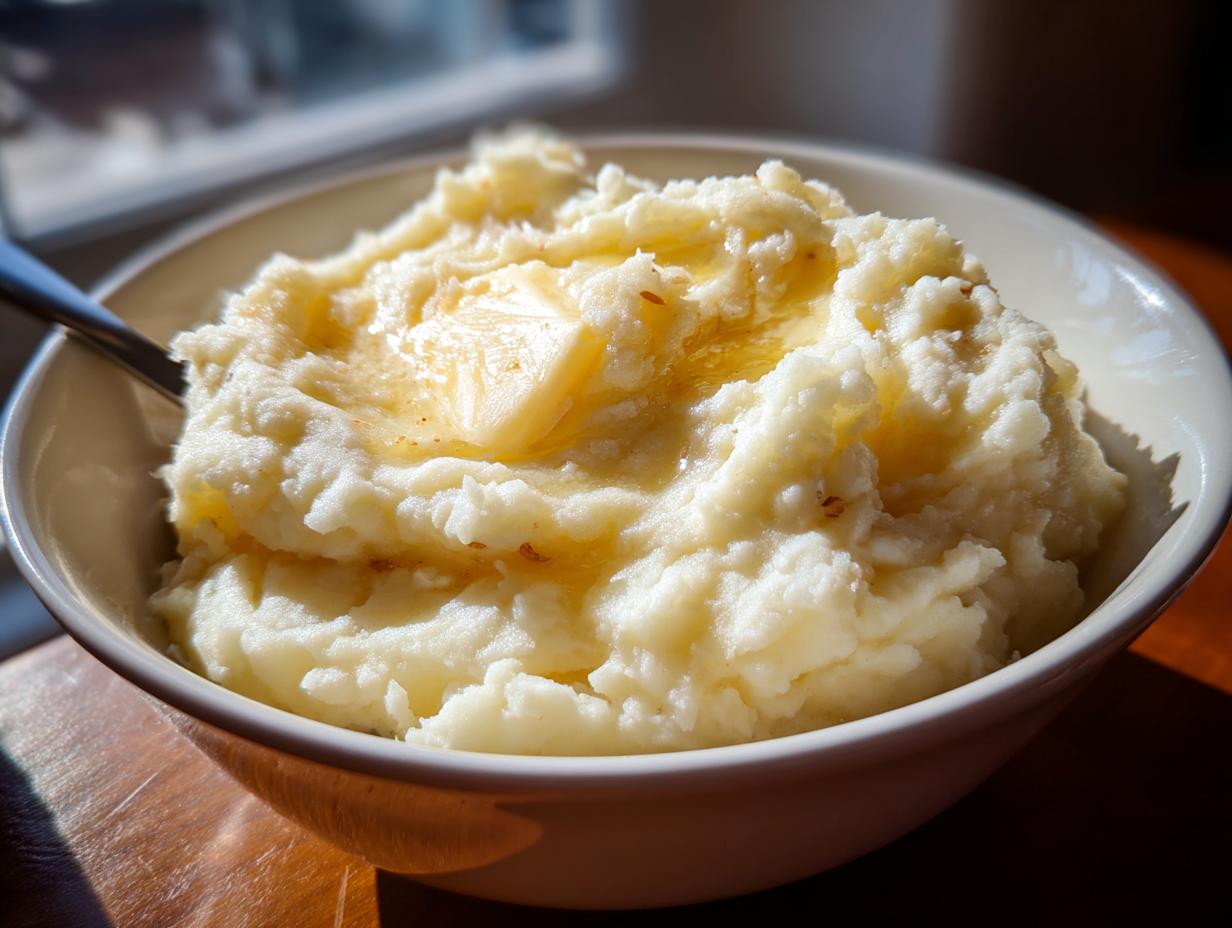 A close-up of a bowl of fluffy mashed potatoes topped with a melting pat of butter.