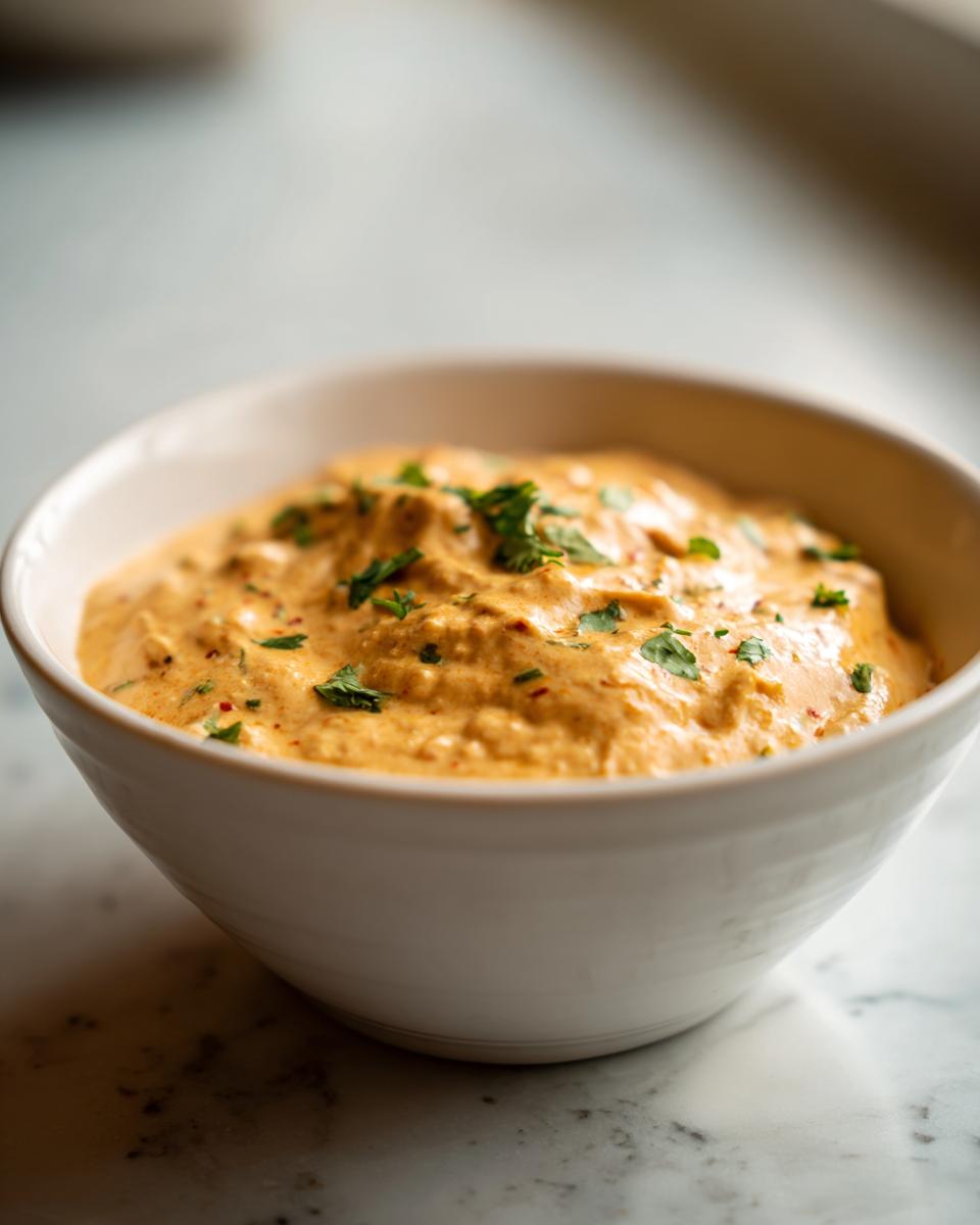 A bowl of creamy, orange queso dip topped with fresh cilantro and red pepper flakes.
