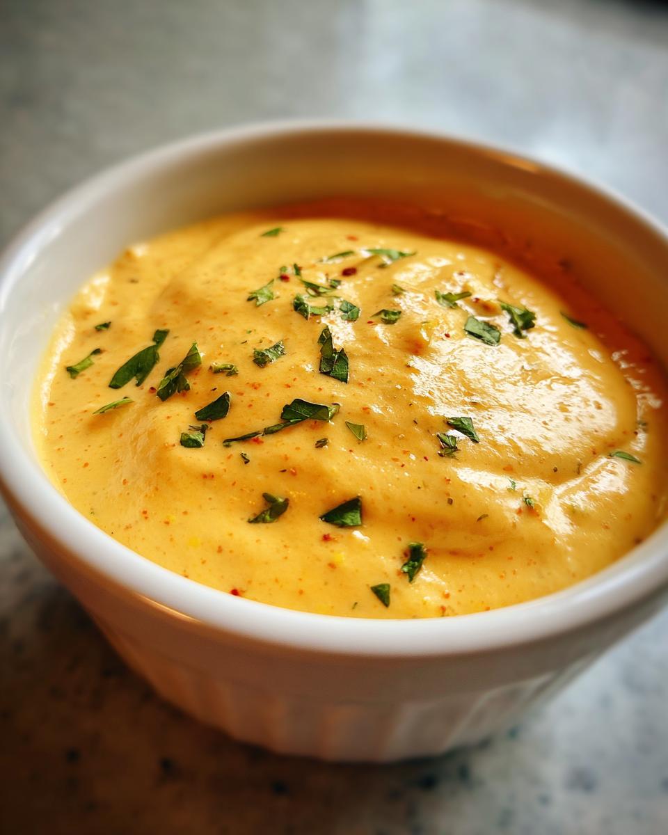 Close-up of a white bowl filled with creamy, orange Queso dip, garnished with chopped parsley and red pepper flakes.