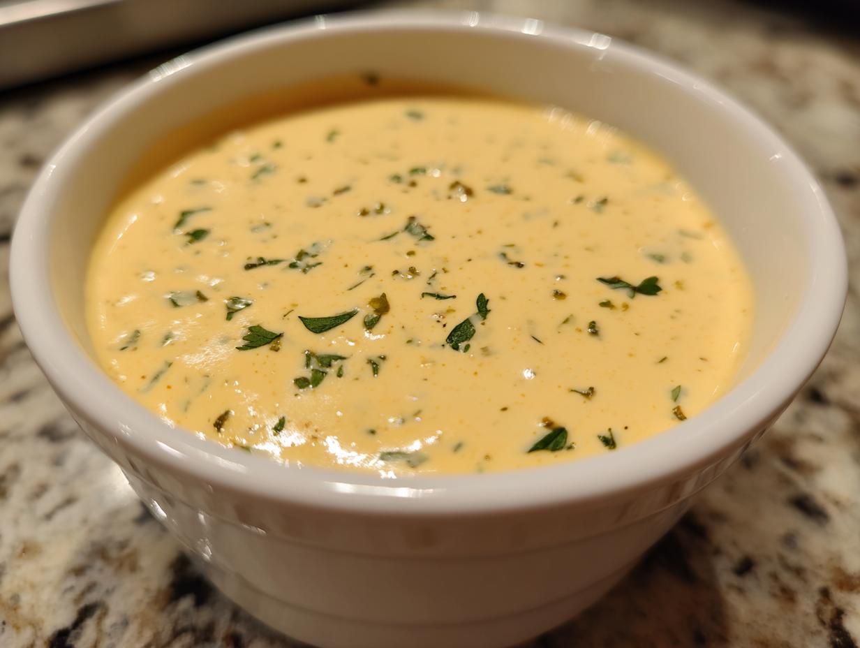 A close-up of a white bowl filled with creamy, golden queso dip, garnished with chopped parsley.