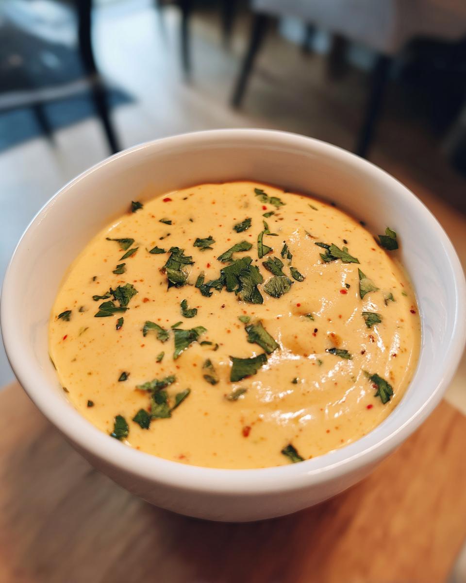 A close-up of a white bowl filled with creamy, orange queso dip, garnished with chopped parsley and red chili flakes.