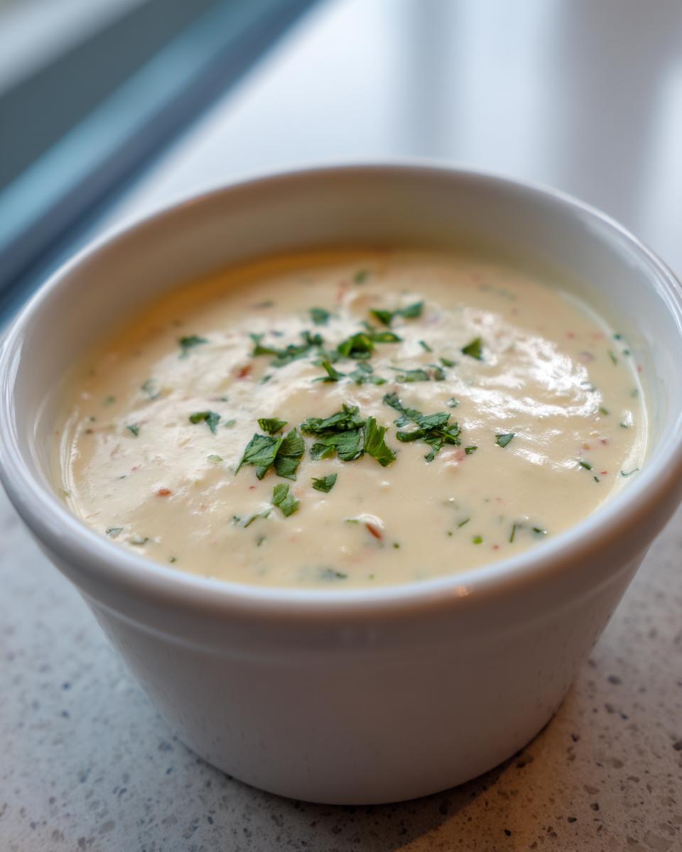 Close-up of a white bowl filled with creamy Queso dip, garnished with chopped parsley.