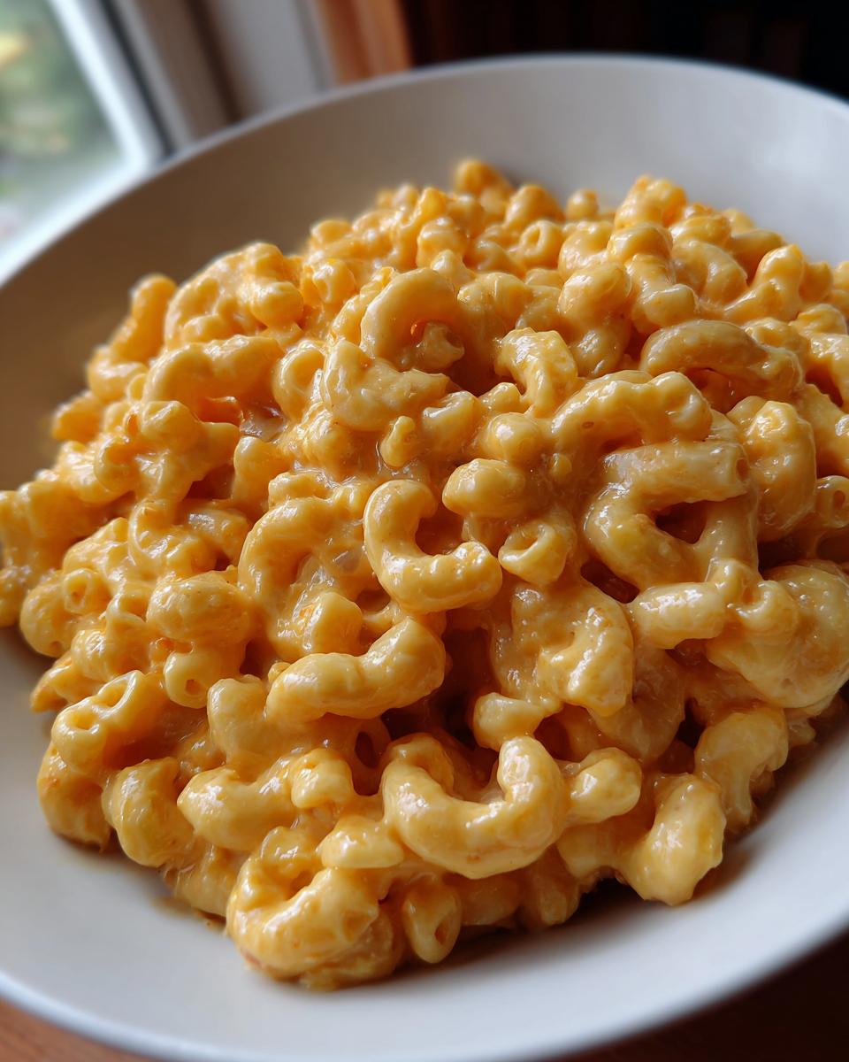 Close-up of a bowl filled with creamy Vegan mac and cheese, showing the cheesy sauce coating the elbow macaroni.