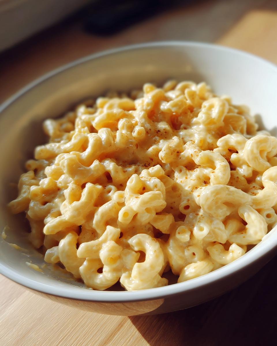 A close-up of a bowl filled with creamy Vegan mac and cheese, sprinkled with paprika.