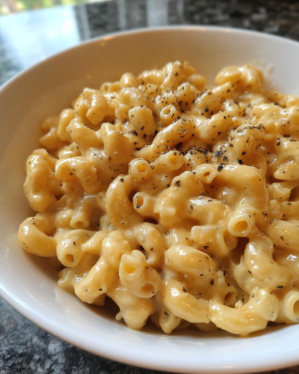 Close-up of a bowl filled with creamy Vegan mac and cheese, topped with black pepper.