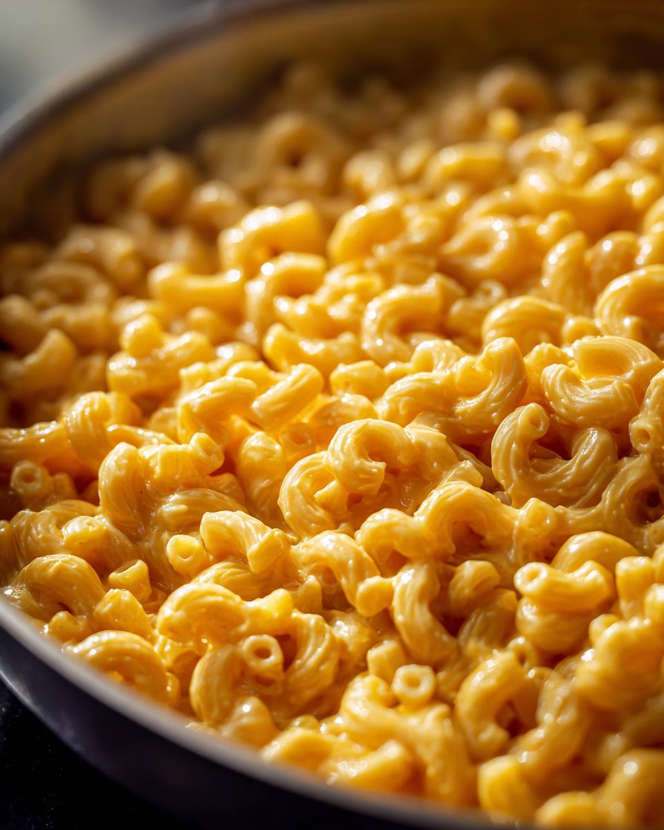 Close-up shot of creamy vegan mac and cheese in a pot, showing the cheesy sauce coating the elbow macaroni.