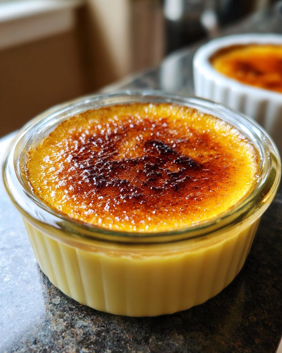 Close-up of a perfectly caramelized crème brûlée in a glass ramekin, showing the golden custard beneath the crisp sugar crust.