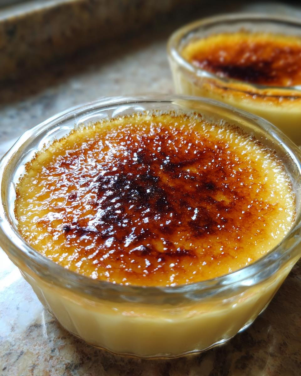 Close-up of two glass ramekins filled with creamy creme brulee, topped with a perfectly caramelized sugar crust.