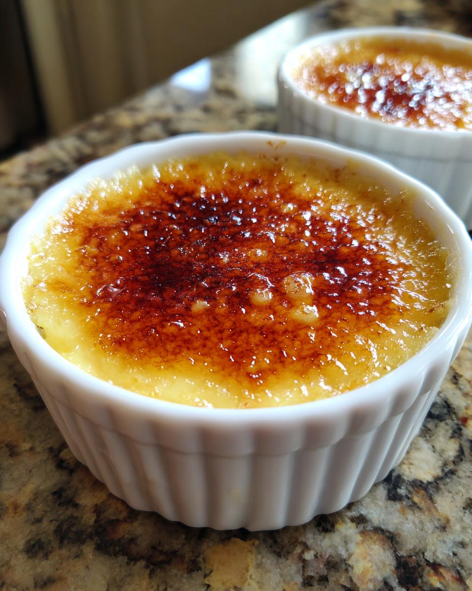 Close-up of a perfectly caramelized Crème Brûlée in a white ramekin, showcasing the golden sugar crust.