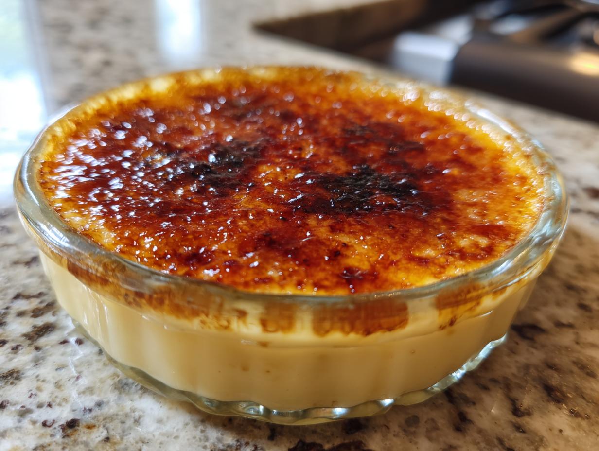 Close-up of a perfectly caramelized creme brulee in a glass ramekin, showcasing its golden-brown sugar crust.