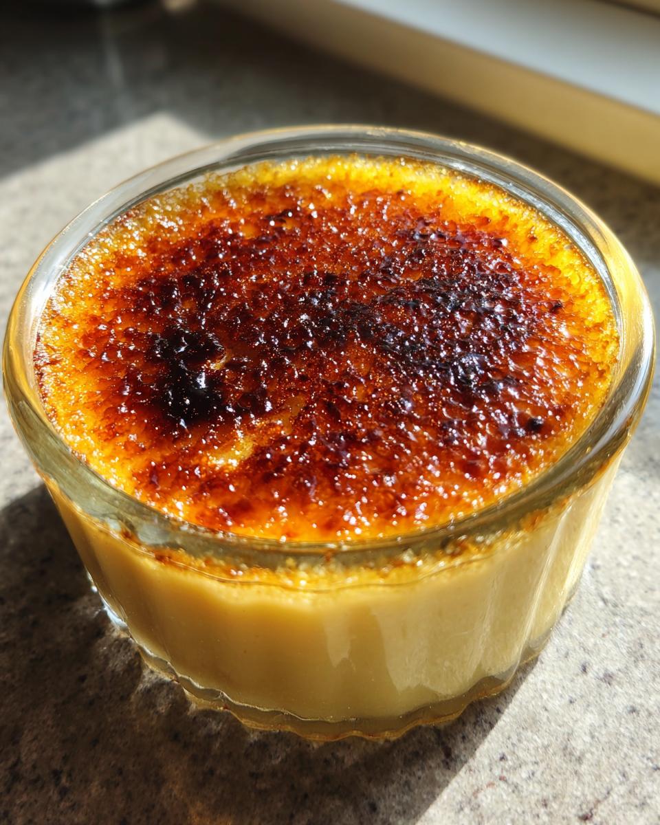 Close-up of a golden-brown, caramelized sugar crust on top of a creamy creme brulee in a glass ramekin.