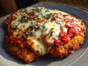 A close-up of a golden-brown, crispy Chicken Parmesan topped with melted mozzarella cheese and marinara sauce, garnished with fresh basil.