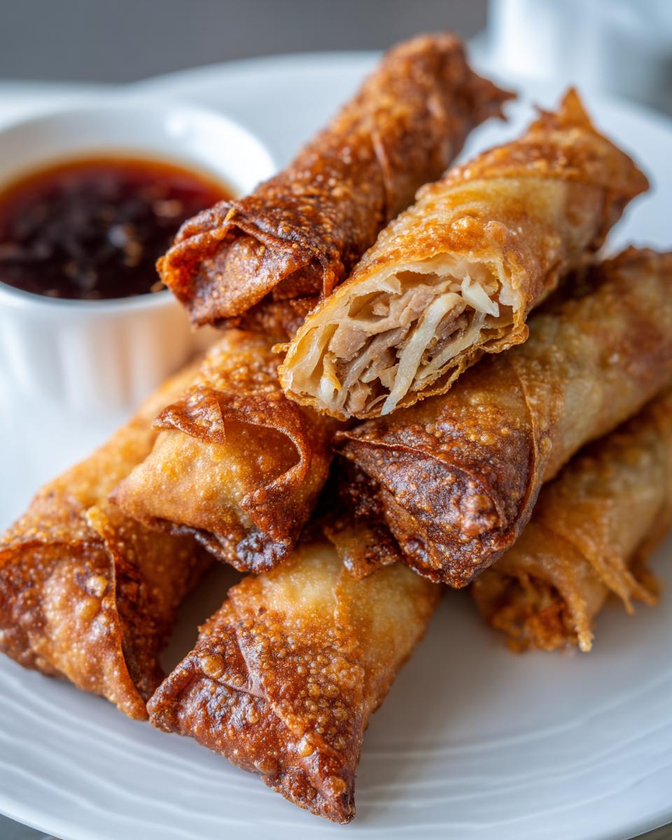 A pile of golden brown, crispy egg rolls served with a small dish of dark dipping sauce.