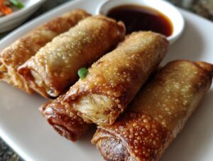 A plate of four golden-brown, crispy egg rolls with a small dish of dipping sauce in the background.