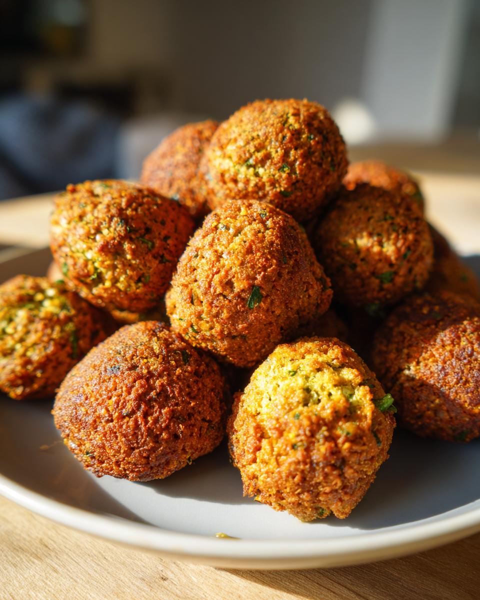 A close-up of a pile of golden-brown, crispy falafel balls with visible herbs, served on a grey plate.