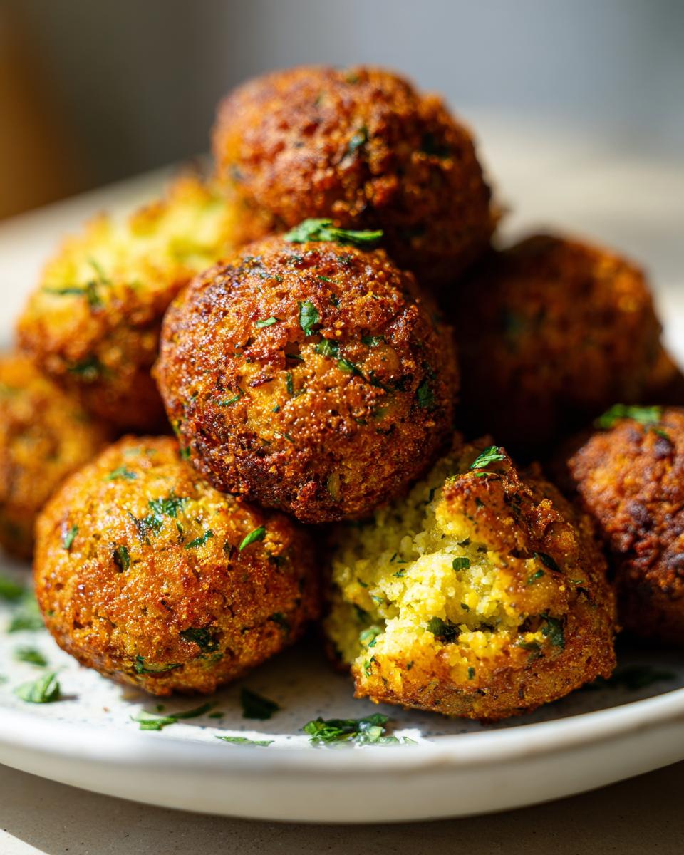 Close-up of a pile of golden-brown, crispy falafel balls, one broken open to reveal the fluffy interior, garnished with parsley.
