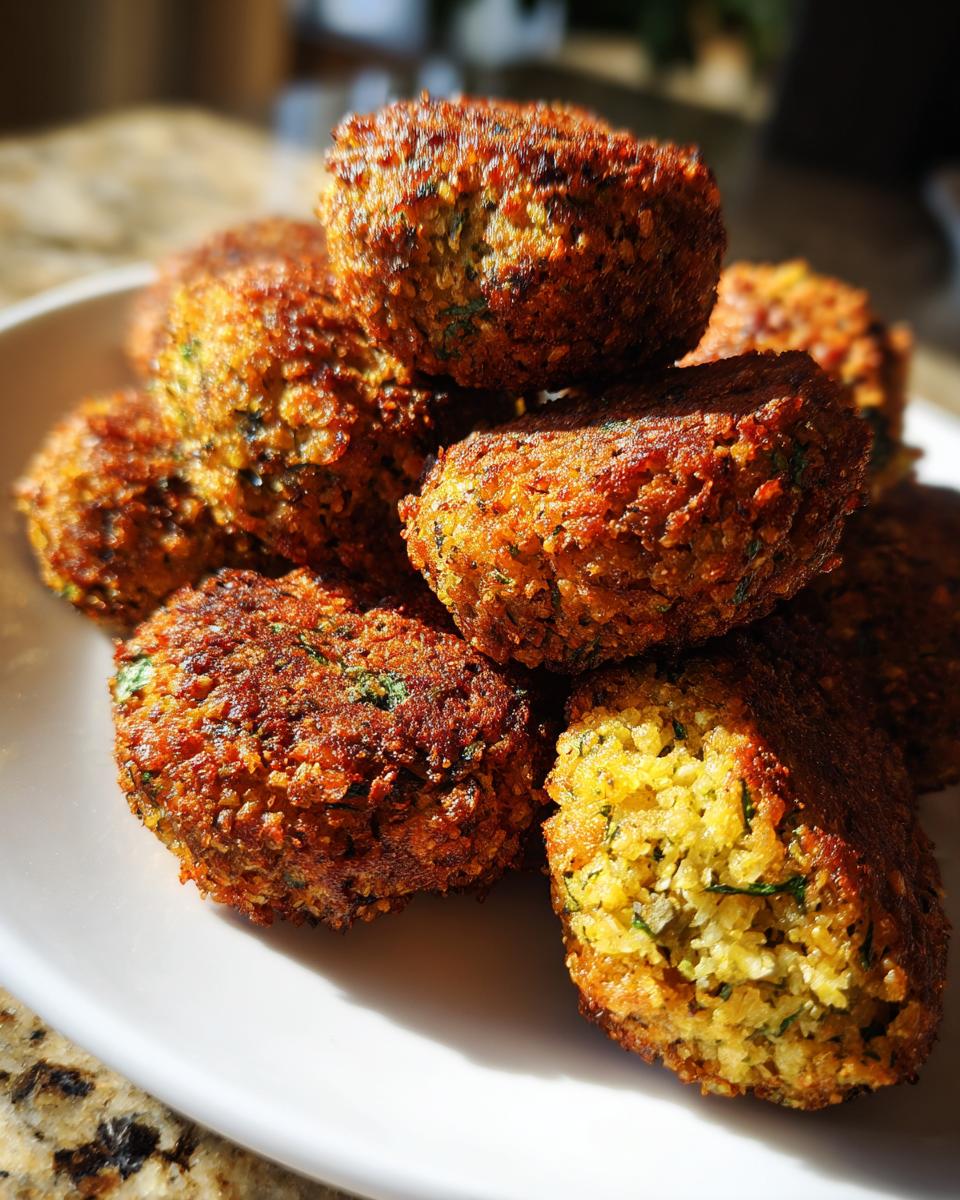 A close-up of a stack of golden-brown, crispy falafel on a white plate, with one falafel broken open to show the herb-flecked interior.