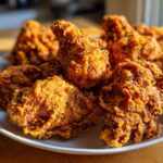 A close-up of a white plate piled high with golden-brown, crispy fried chicken pieces.