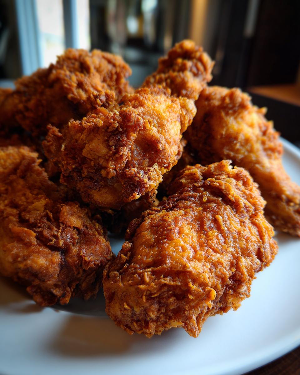 A close-up shot of a pile of golden brown, crispy fried chicken pieces on a white plate.
