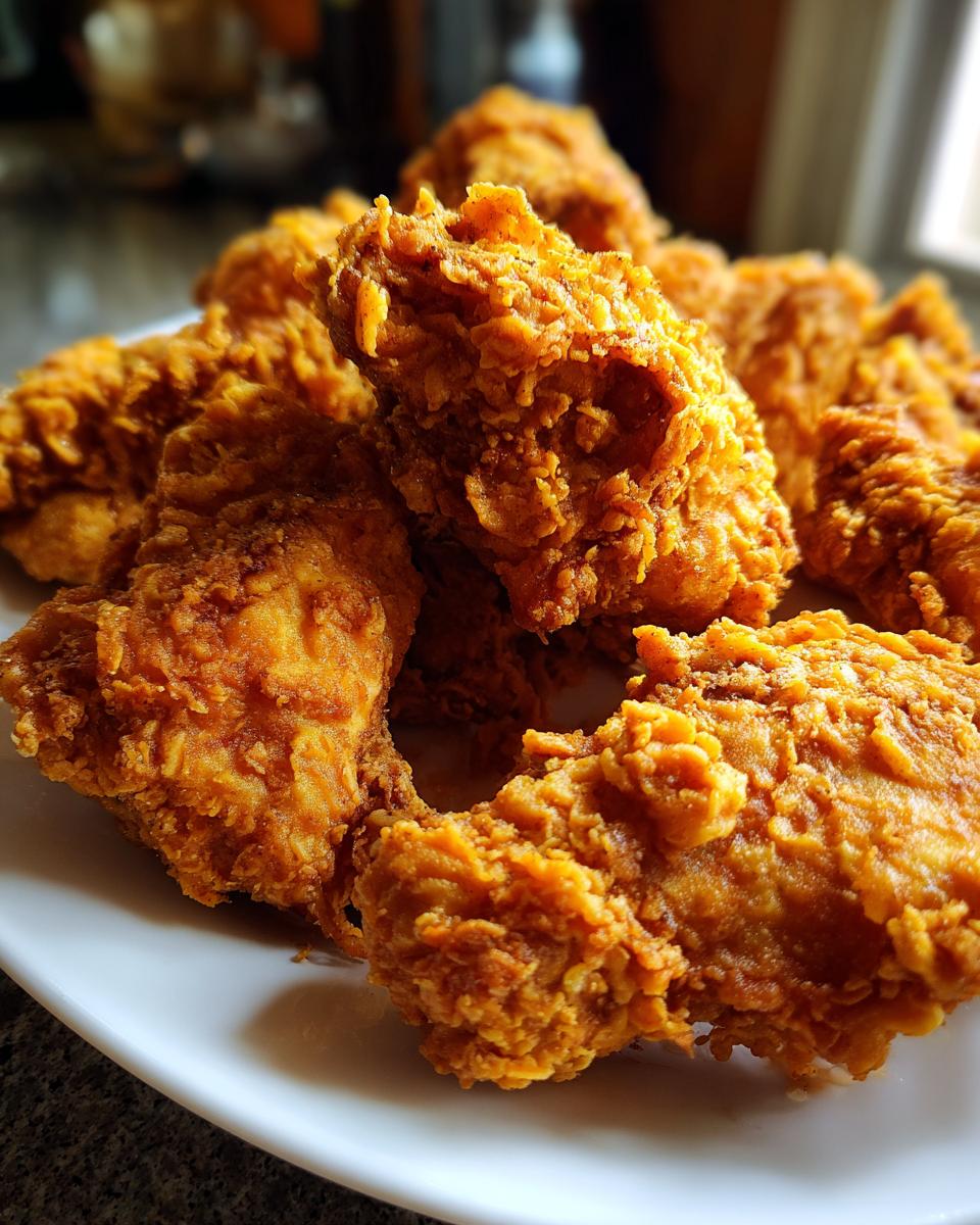 A close-up of a pile of golden-brown, crispy fried chicken pieces on a white plate.