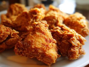 A close-up, mouthwatering view of golden-brown, crispy fried chicken pieces piled on a white plate.