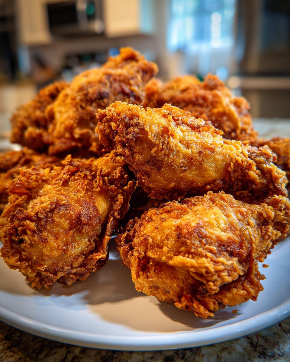 A close-up of a pile of golden-brown, crispy fried chicken pieces on a white plate.