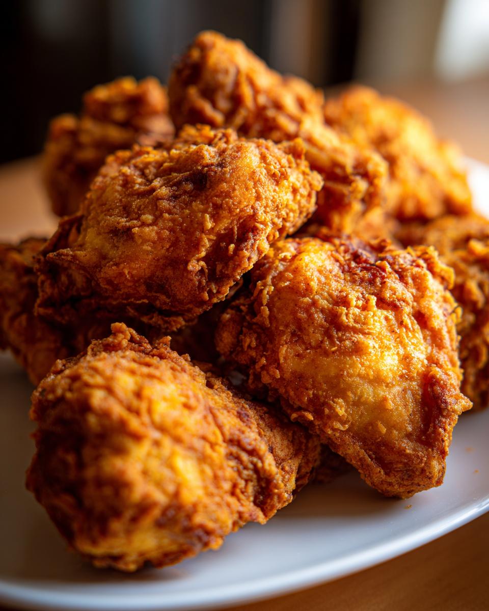 A close-up of a pile of golden-brown, crispy fried chicken pieces on a white plate.