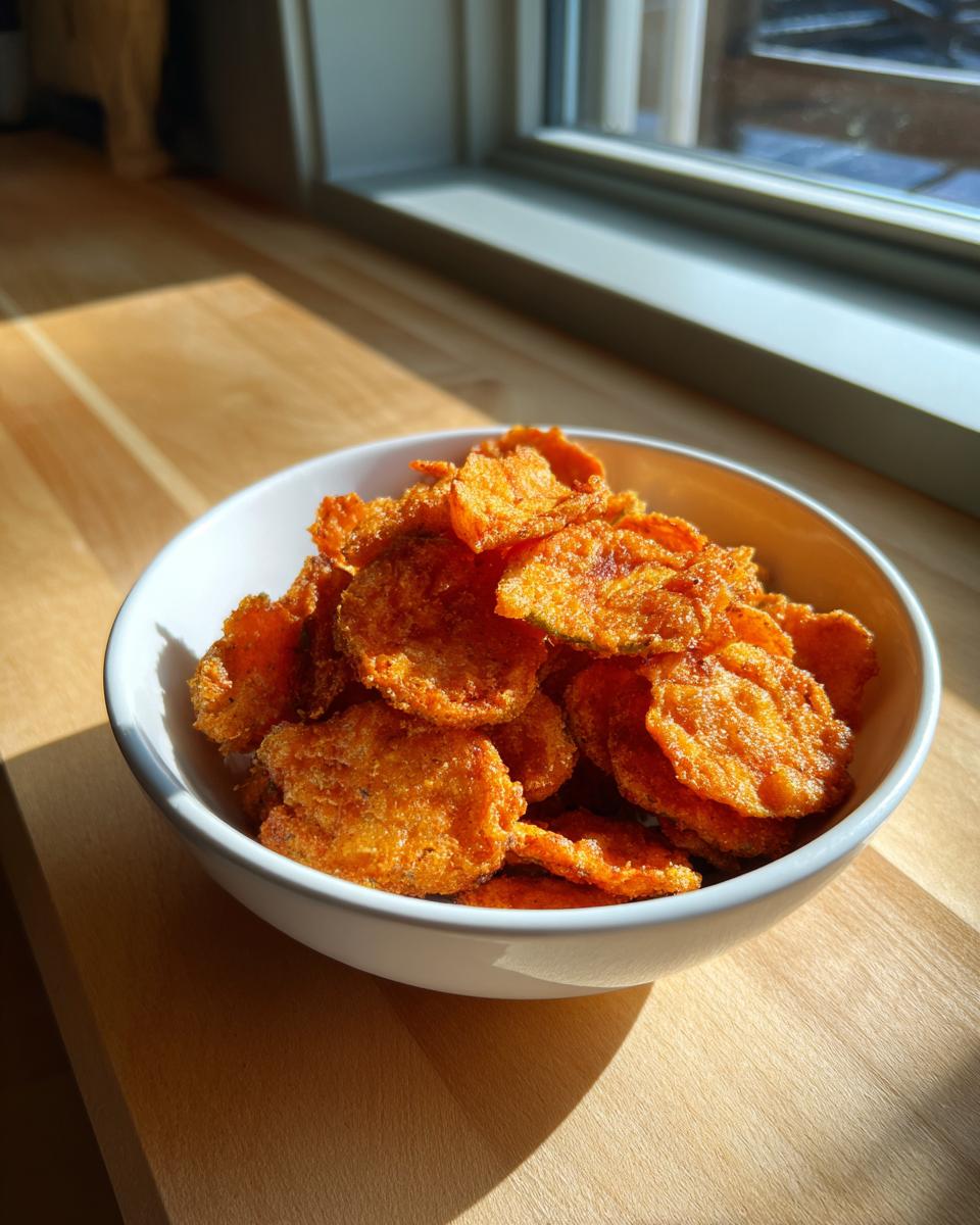A white bowl filled with golden-brown, crispy fried pickles, bathed in sunlight.