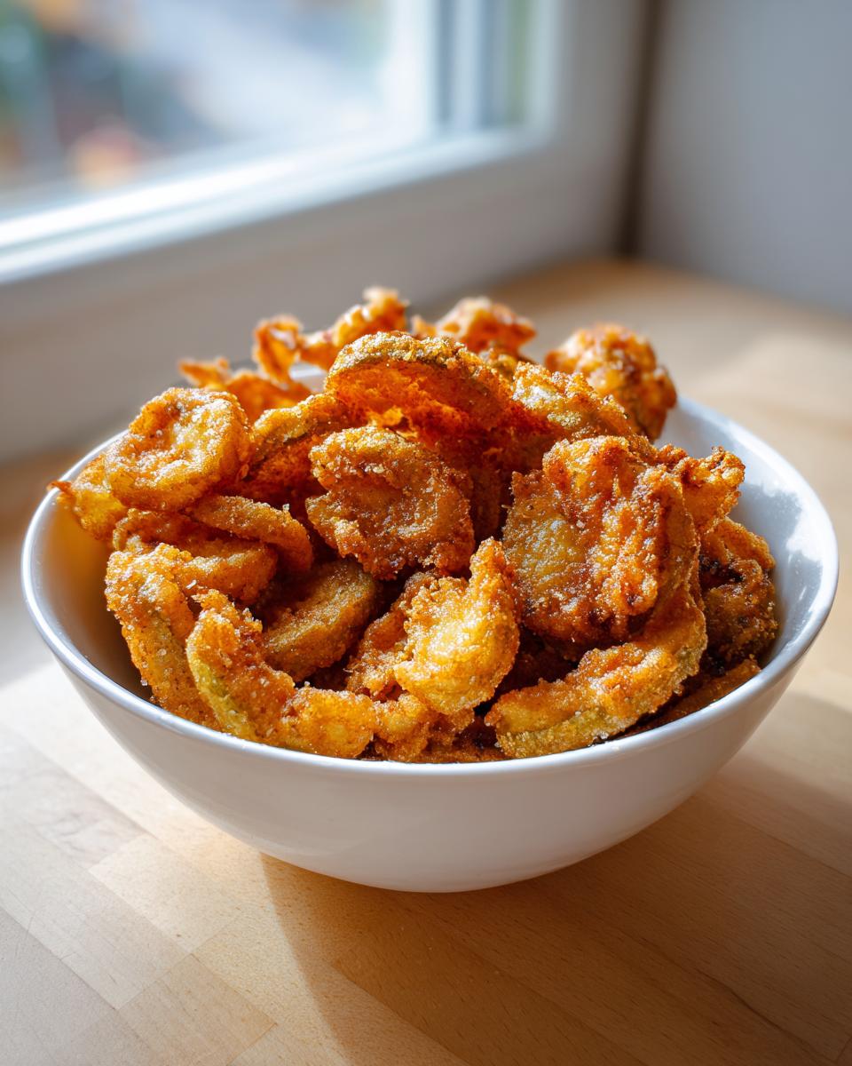 A white bowl filled with golden-brown, crispy fried pickles, ready to be enjoyed.