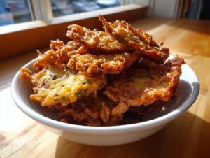 A close-up of a pile of golden-brown, crispy fried pickles in a white bowl, with herbs visible.