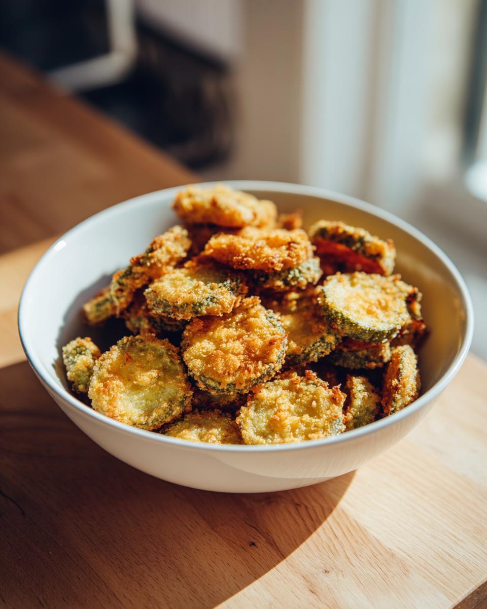 A white bowl filled with golden-brown, crispy fried pickles, ready to be enjoyed.