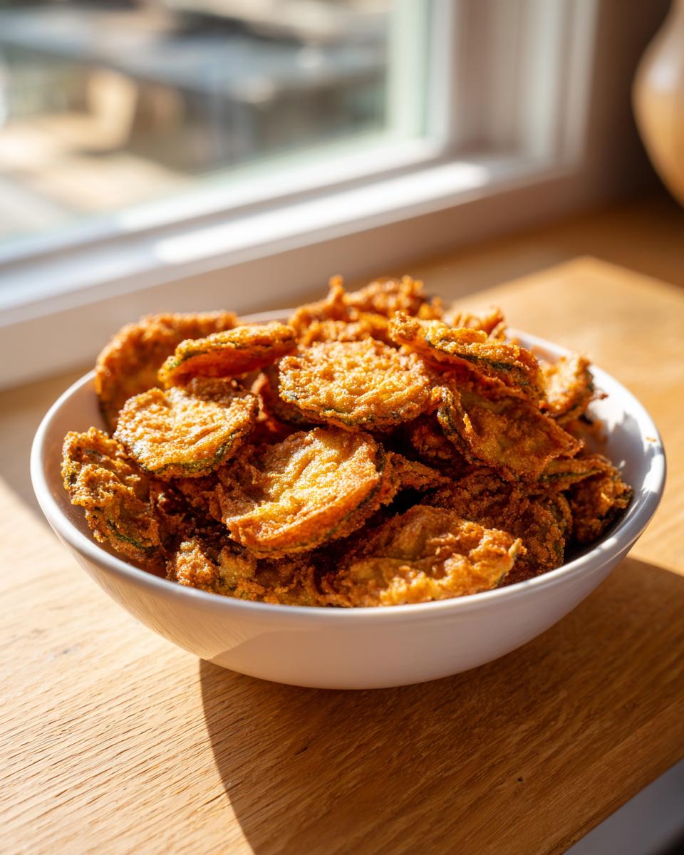 A white bowl overflowing with golden-brown, crispy fried pickles, bathed in sunlight.