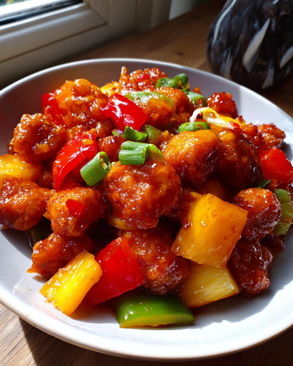 A close-up of crispy sweet and sour chicken pieces coated in a glossy sauce with chunks of pineapple, red and green bell peppers, and green onions.