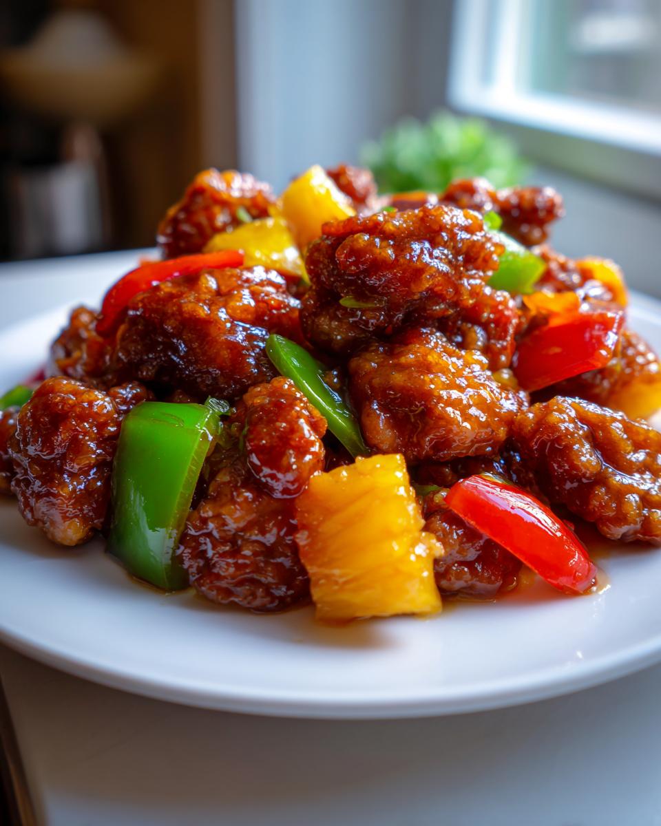 A plate of crispy sweet and sour chicken with chunks of red and green bell peppers and pineapple.