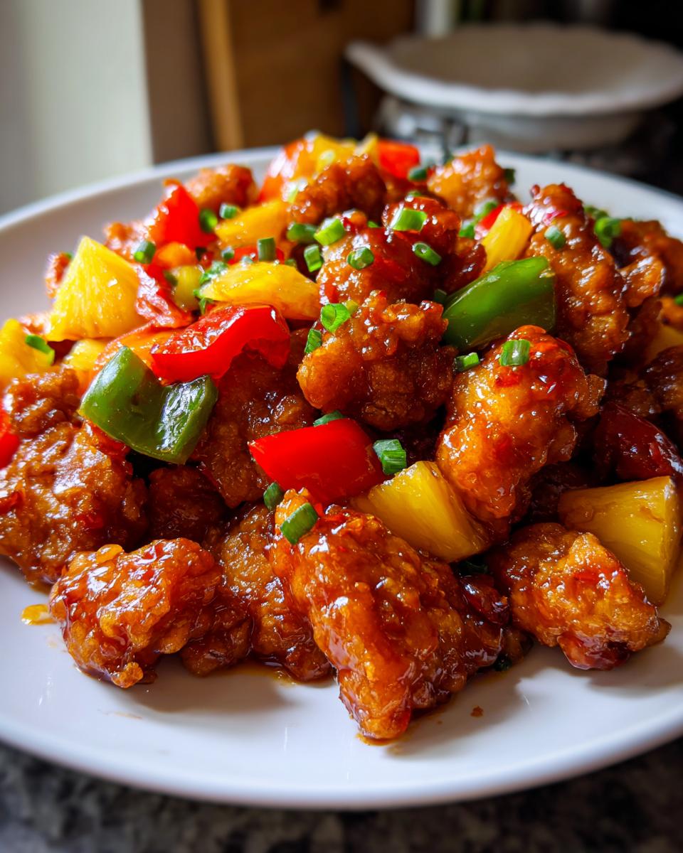 A close-up of crispy sweet and sour chicken pieces mixed with pineapple chunks, red and green bell peppers, and green onions.