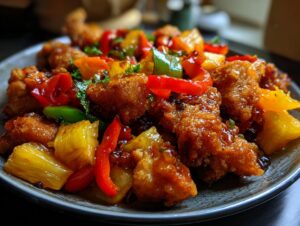 A close-up of crispy sweet and sour chicken pieces with pineapple chunks and colorful bell peppers.