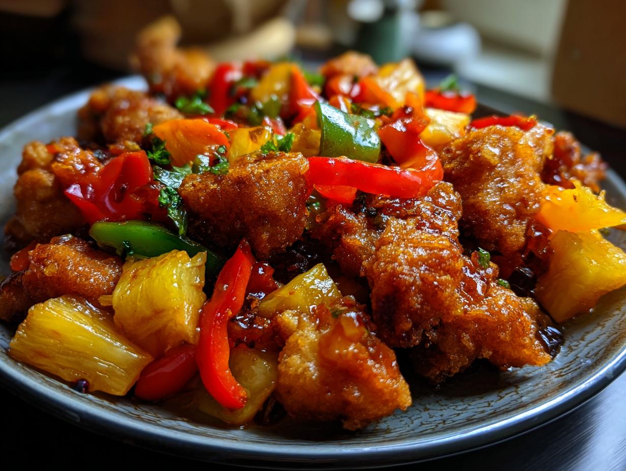 A close-up of crispy sweet and sour chicken pieces with pineapple chunks and colorful bell peppers.
