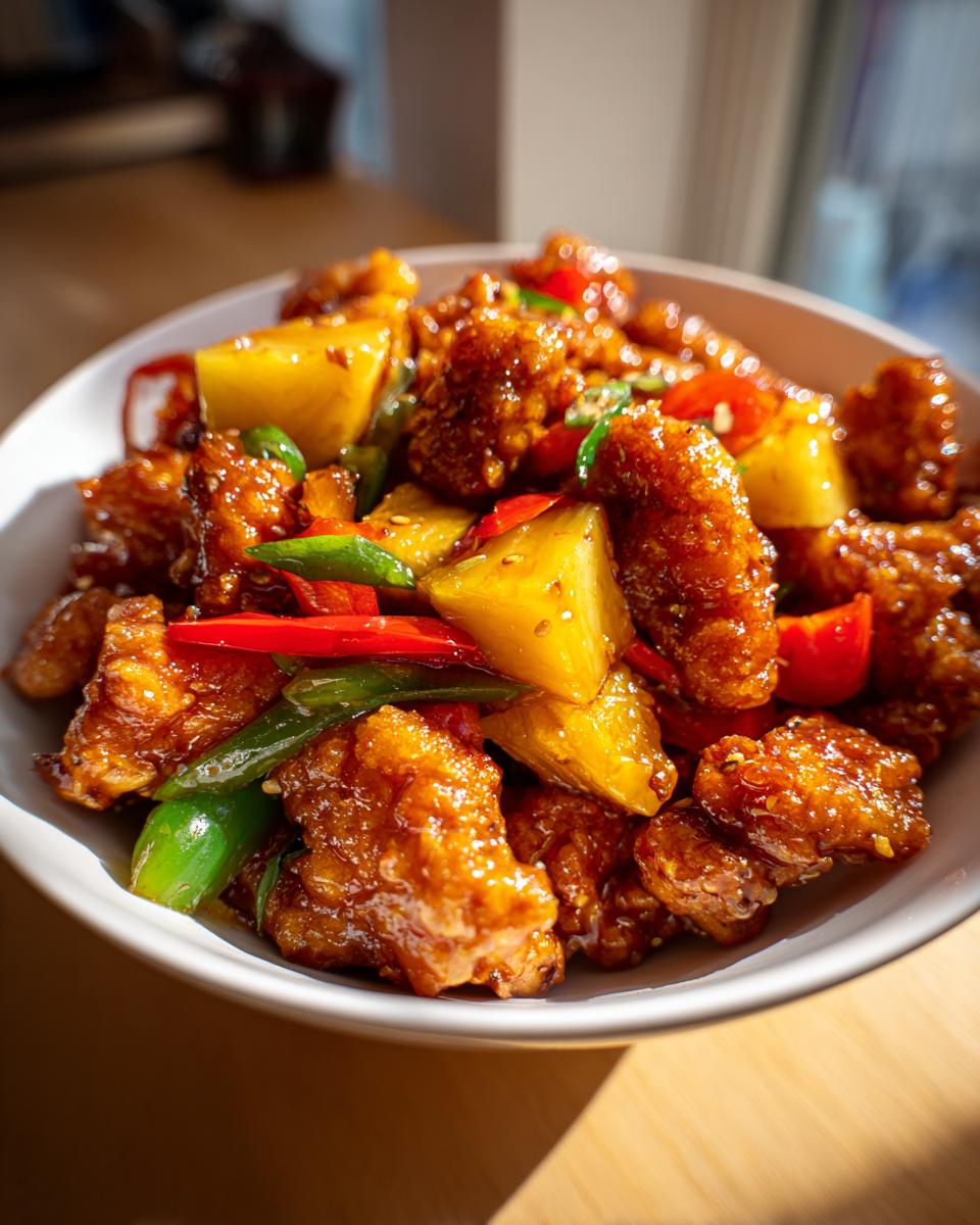 A close-up of crispy sweet and sour chicken pieces with pineapple chunks, red bell peppers, and green peppers in a white bowl.