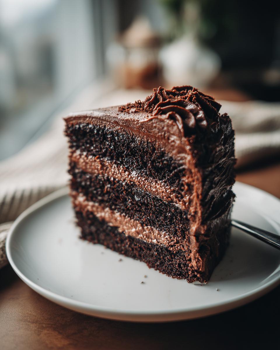 A moist slice of decadent chocolate cake with layers of rich chocolate frosting.