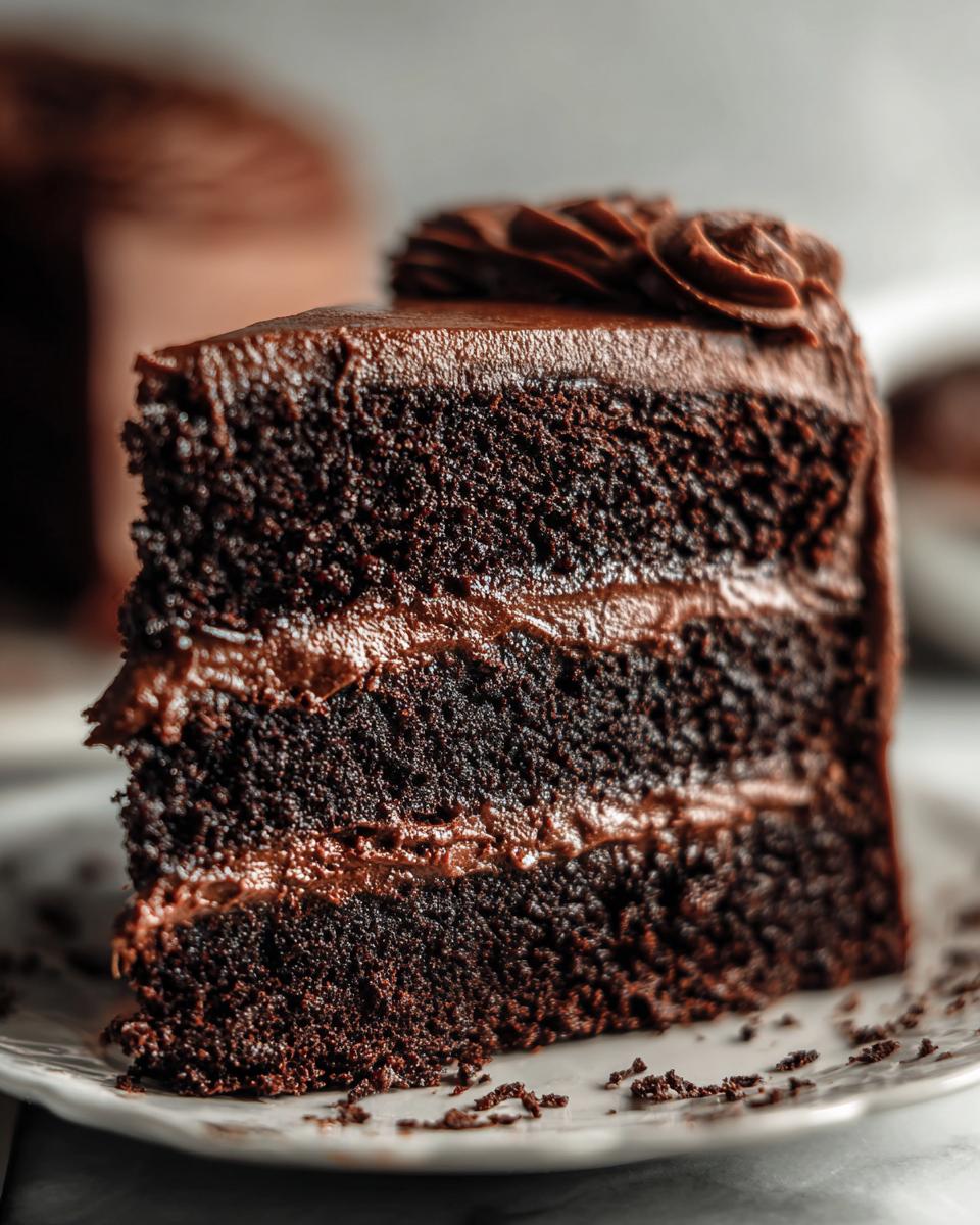 A moist slice of decadent chocolate cake with layers of rich chocolate frosting and a chocolate rosette.