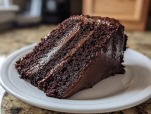A decadent slice of moist chocolate cake with rich chocolate frosting, served on a white plate.
