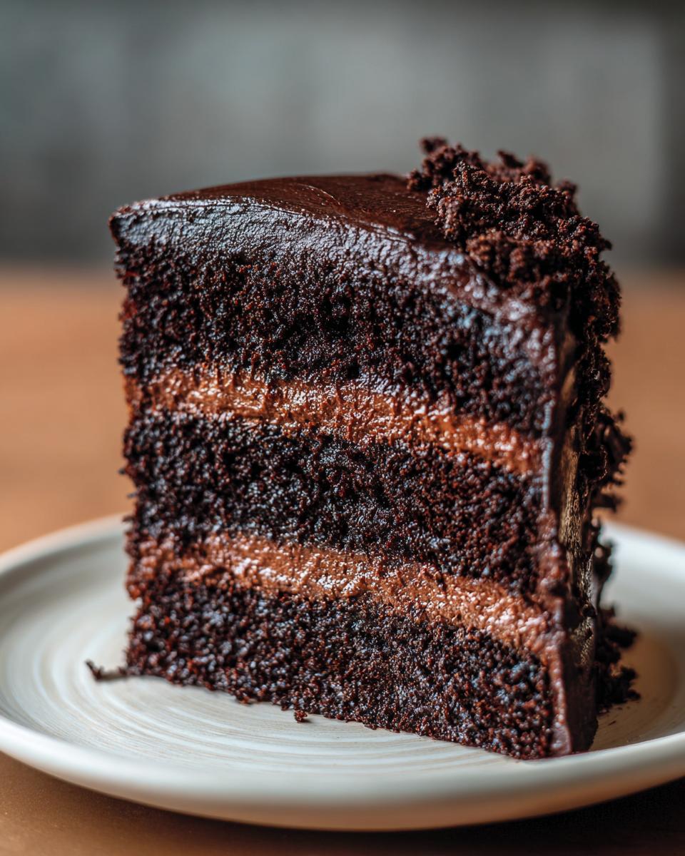 A thick slice of moist, rich chocolate cake with layers of chocolate frosting.