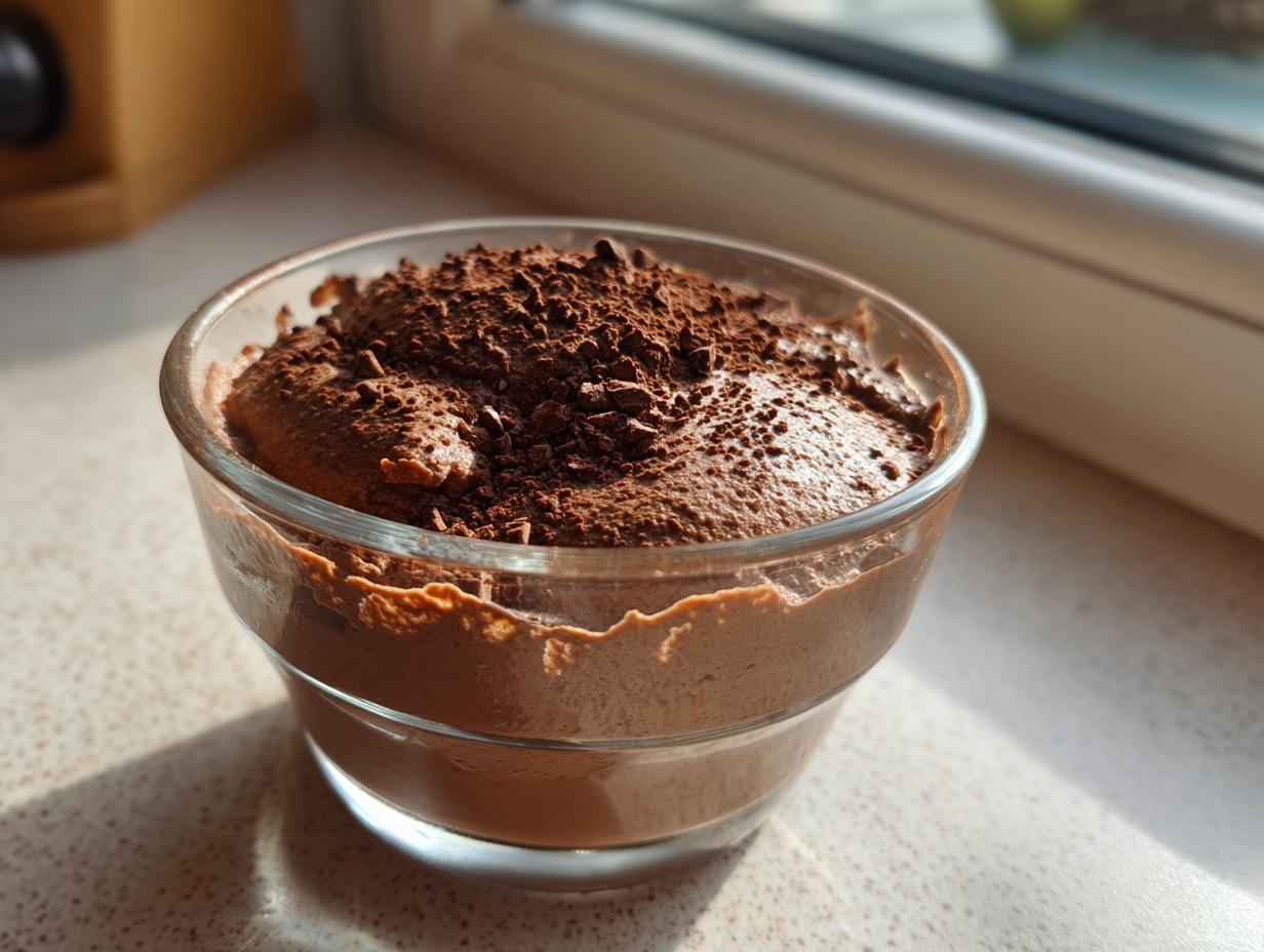 A close-up of rich, airy chocolate mousse topped with chocolate shavings in a clear glass bowl.