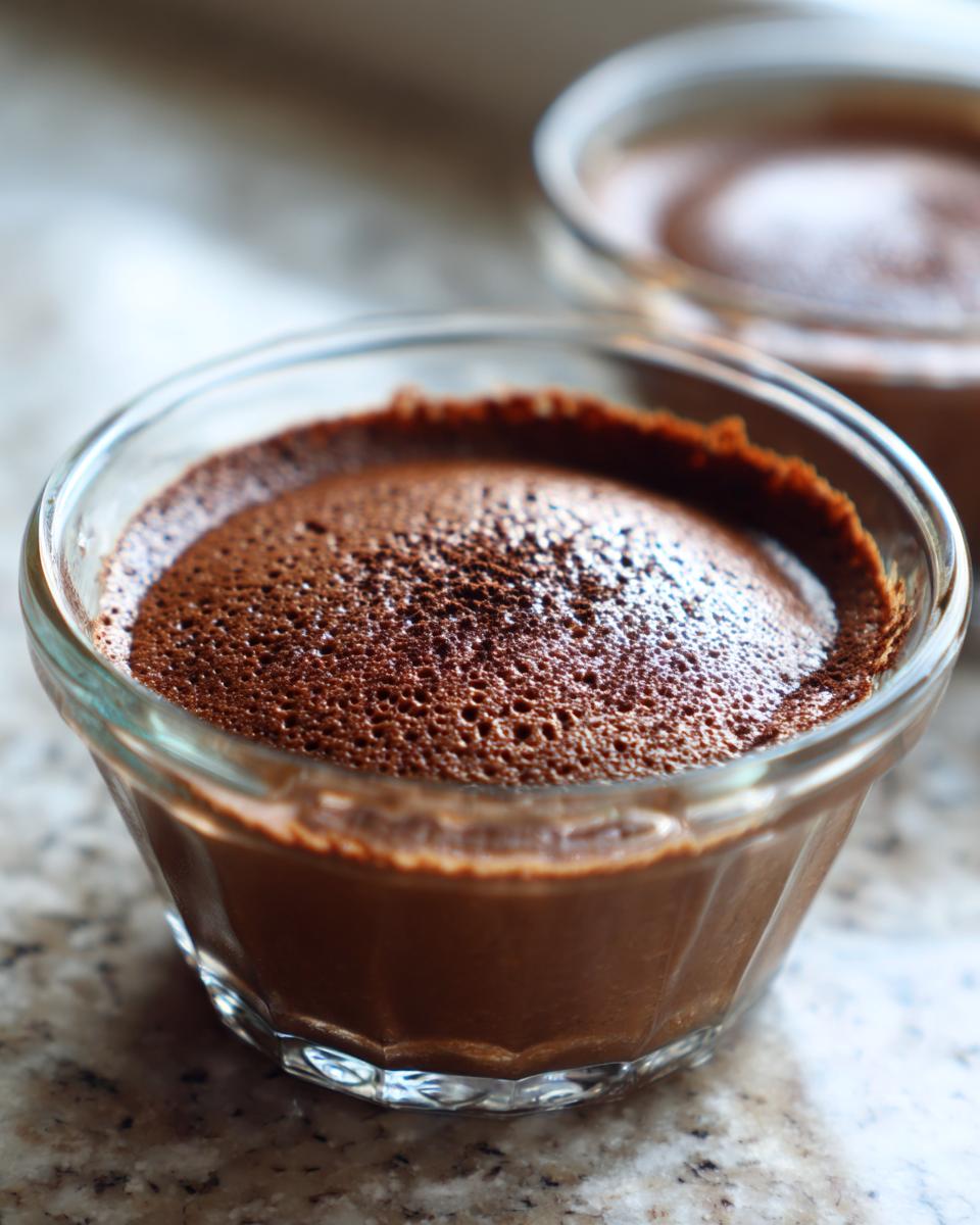 Close-up of rich, airy chocolate mousse served in two clear glass ramekins.