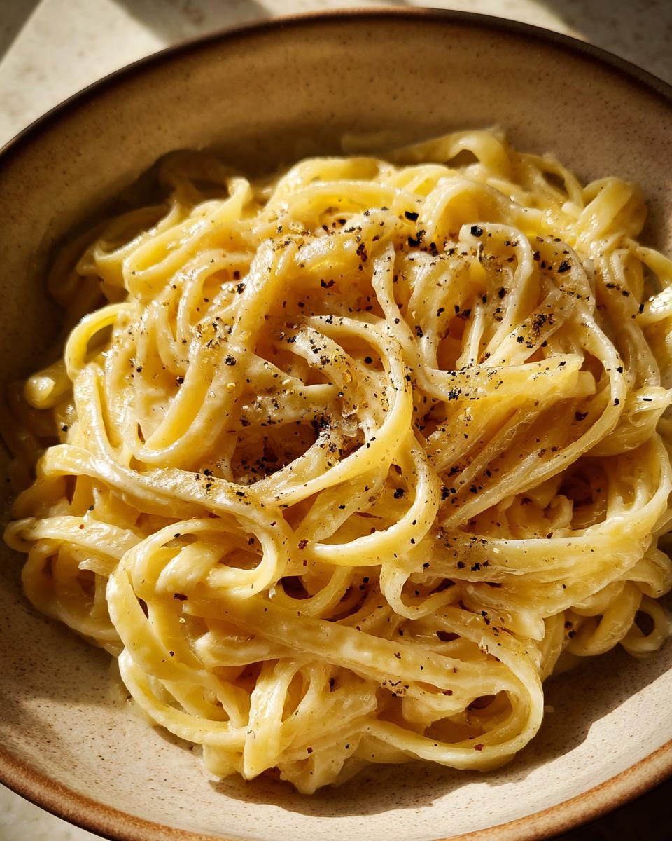 A close-up shot of a bowl filled with creamy Fettuccine Alfredo, generously seasoned with black pepper.