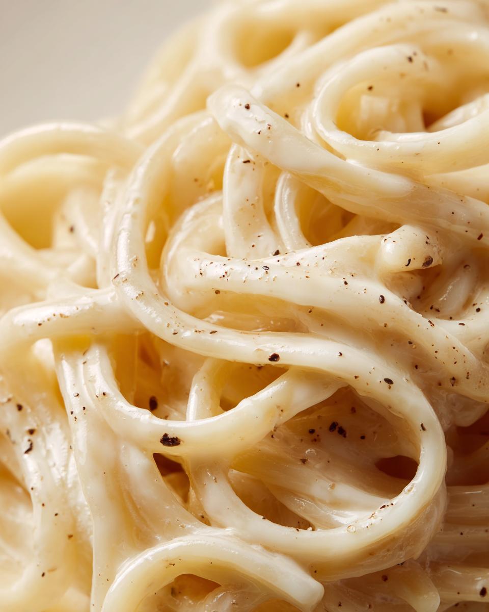 Close-up of creamy Fettuccine Alfredo pasta coated in a rich, white sauce and sprinkled with black pepper.