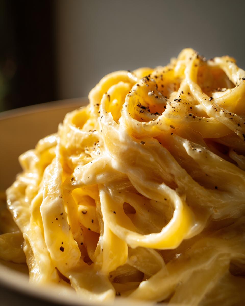 Close-up of a bowl of creamy Fettuccine Alfredo pasta, generously coated in sauce and sprinkled with black pepper.