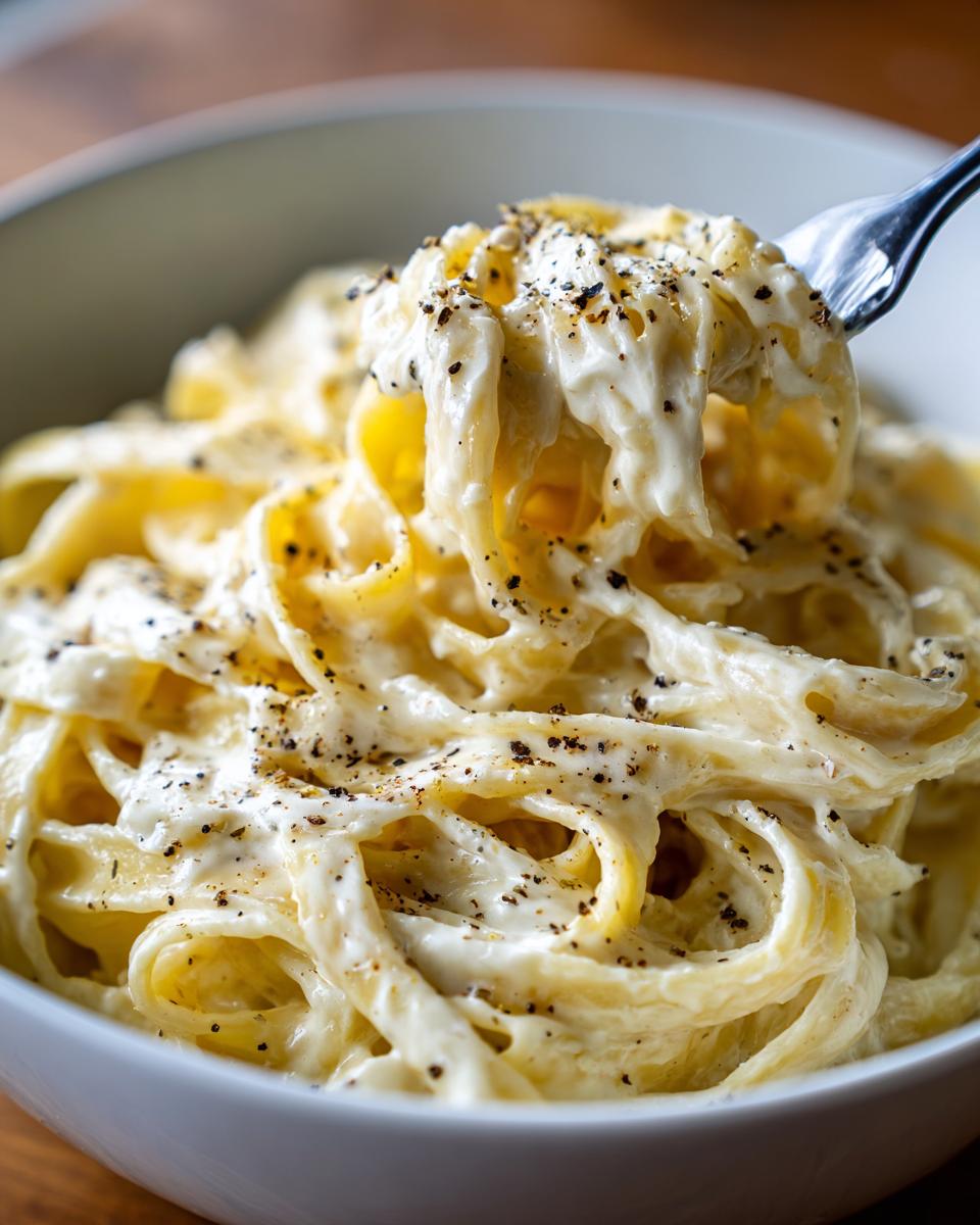 A fork lifts a swirl of creamy Fettuccine Alfredo pasta, generously seasoned with black pepper.