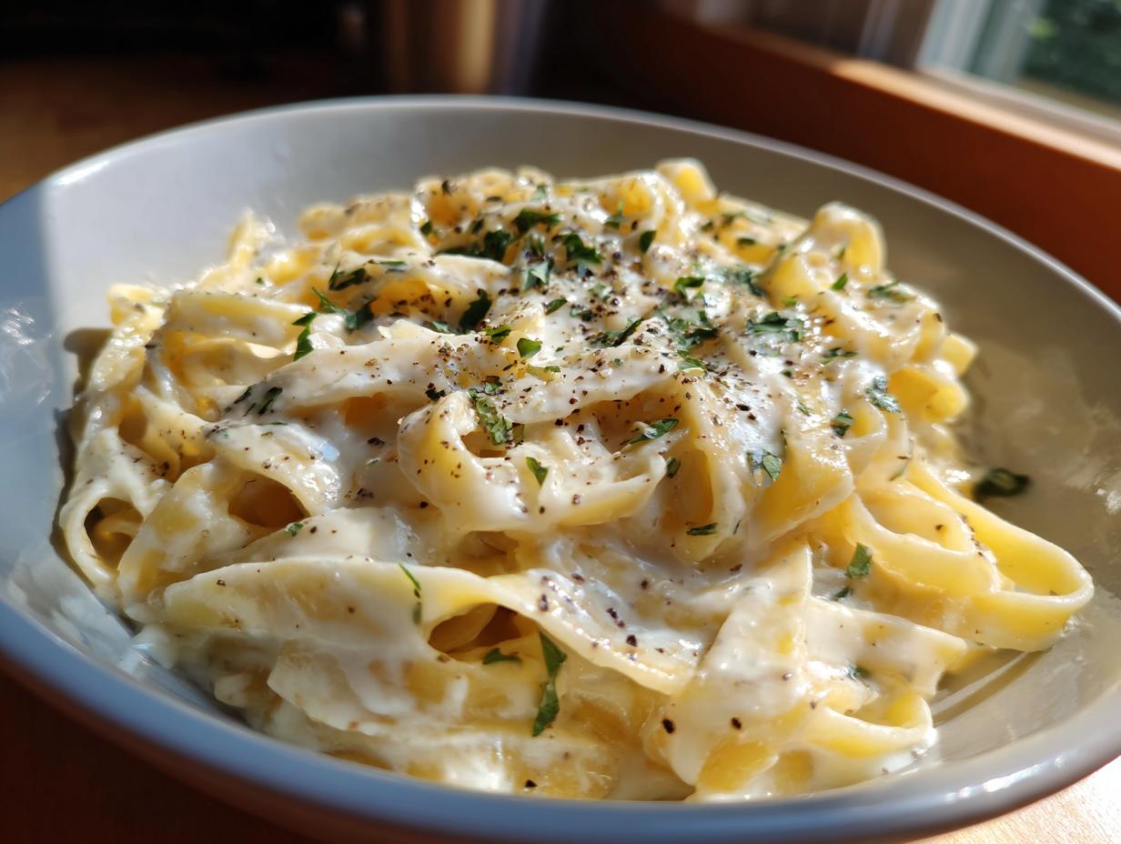 A close-up of a bowl of creamy Fettuccine Alfredo, garnished with fresh parsley and black pepper.