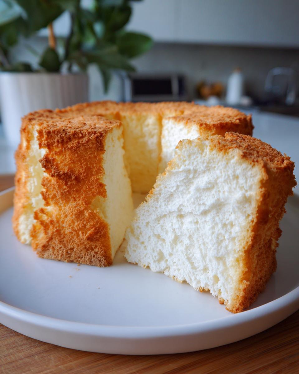 A slice of fluffy Angel Food Cake with a golden brown crust on a white plate.
